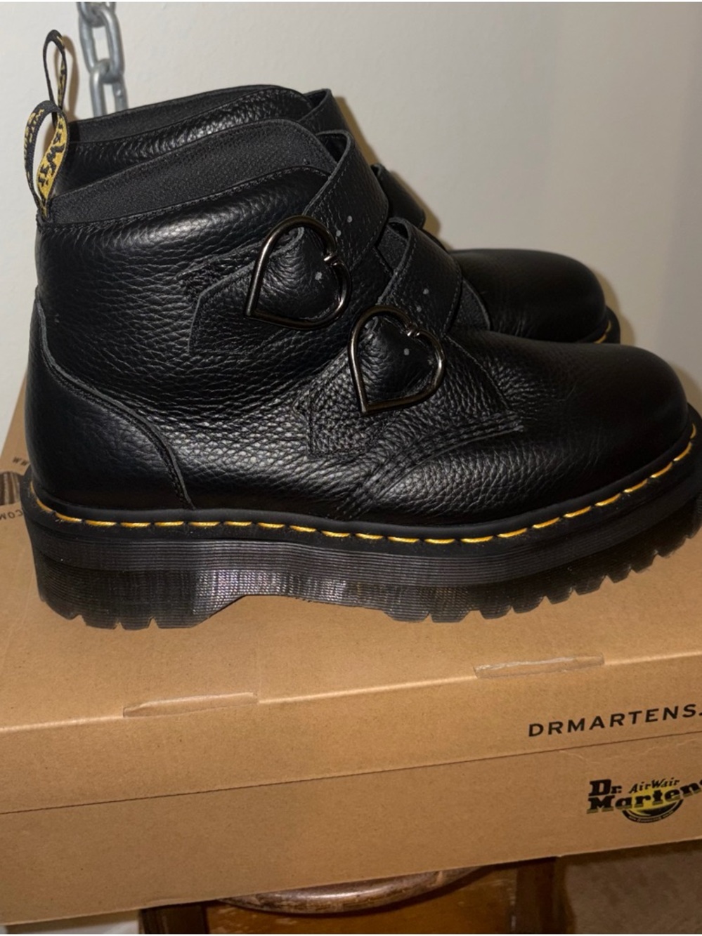 Dr. Martens Black Leather Devon Heart Buckle Ankle Boots with Yellow Stitching